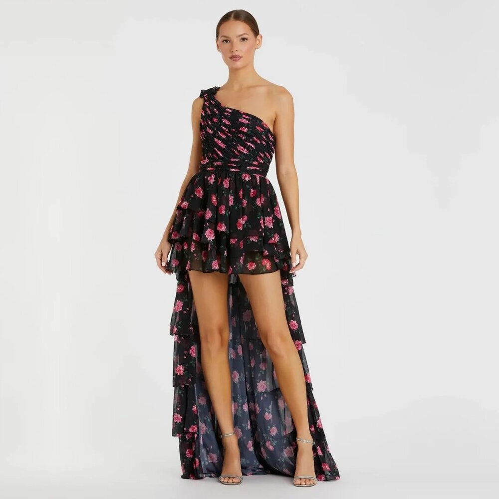 NWT Mac Duggal One Shoulder Ruffle Rose Layered High Low Gown Black 2 #A0551- 52